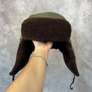 VTG 50s 60s Mens Military Olive Green Trapper Hat Warm Faux Fur Russian Ushanka
